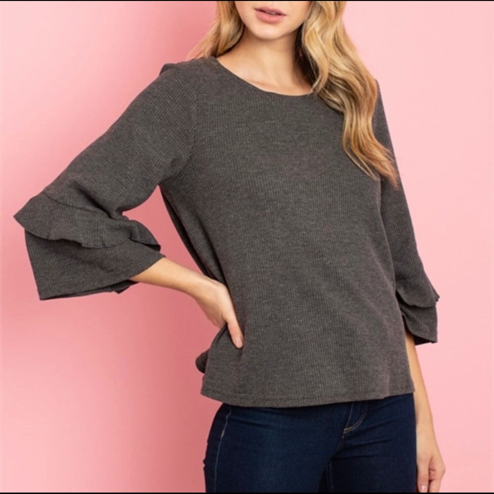 Layered Ruffled Sleeved Waffled Ribbed Top